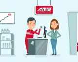 Mitarbeiter bedient Kundin an Kasse, im Hintergrund ein Auto in Werkstatt.
